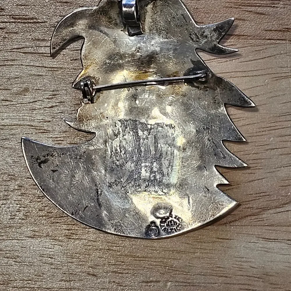 Taxco Mexico Sterling Silver and Abalone Aztec Warrior Chieftan Brooch & Pendant